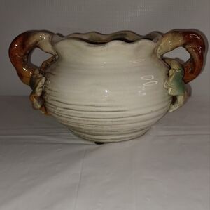 Elegant Vintage Cream and Brown Ceramic Vase Bowl Planter Rustic Pottery Art
